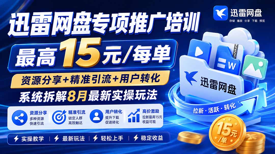 迅雷网盘专项推广培训-更新8月——最高15元/每单,资源分享+精准引流+用户转化,系统拆解最新实操玩法-好游戏网创