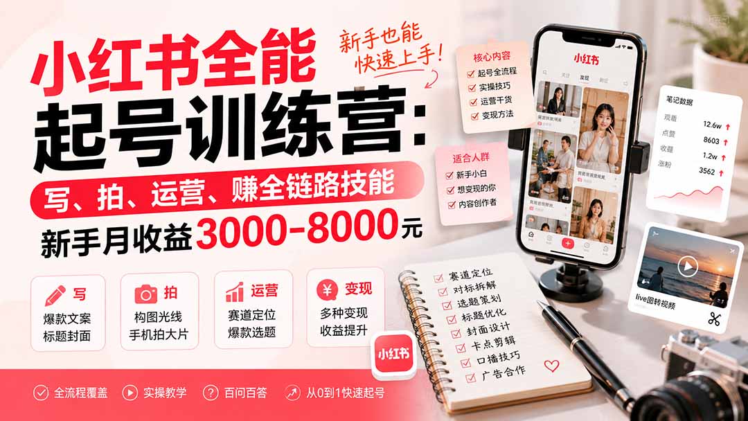 小红书全能起号训练营-更新:写、拍、运营、赚全链路技能,新手月收益3000-8000元-好游戏网创
