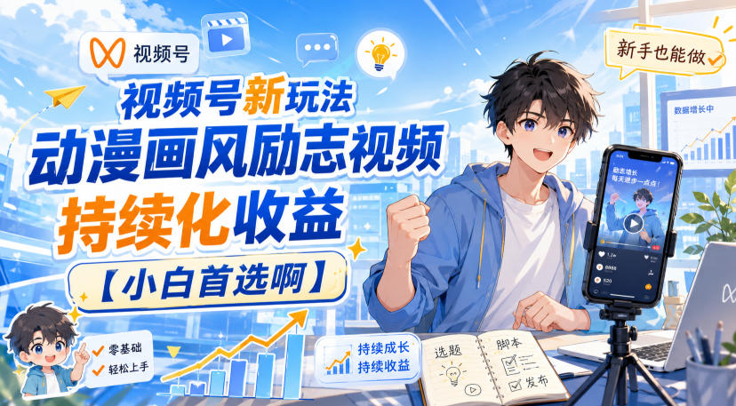 视频号新玩法动漫画风励志视频，持续化收益【小白首选啊】-好游戏网创