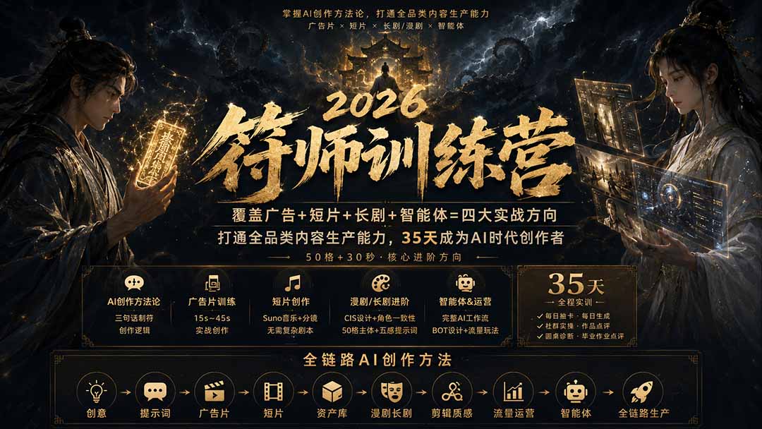 符师训练营-35天成为AI时代创作者,广告+短片+漫剧+智能体四大实战方向,掌握从创意到上线的完整工作流-好游戏网创