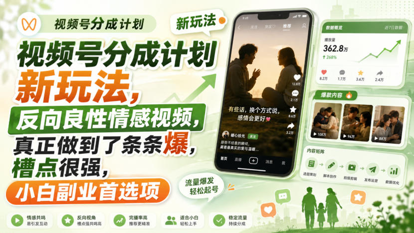 视频号分成计划新玩法,反向良性情感视频,真正做到了条条爆,槽点很强,小白副业首选项-好游戏网创