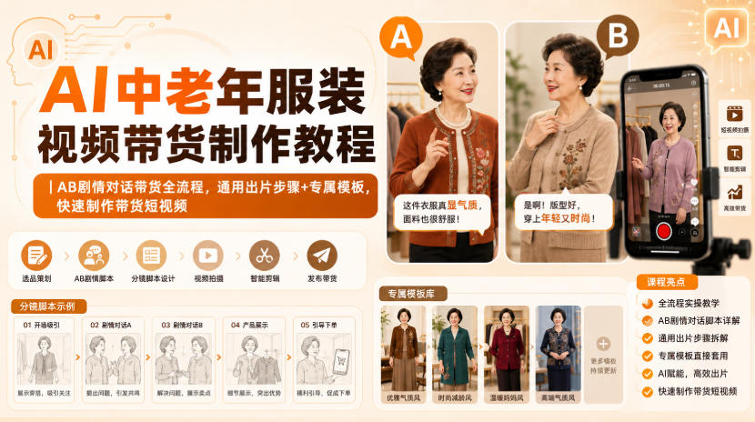 AI中老年服装视频带货制作教程｜AB剧情对话带货全流程，通用出片步骤+专属模板，快速制作带货短视频-好游戏网创