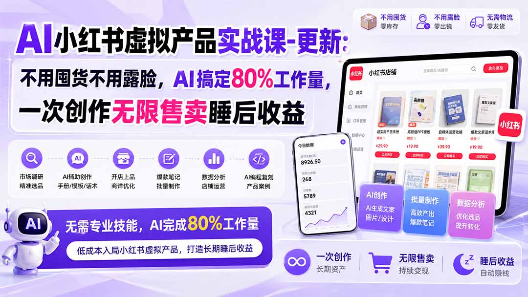 AI小红书虚拟产品实战课-更新:不用囤货不用露脸,AI搞定80%工作量,一次创作无限售卖睡后收益-好游戏网创