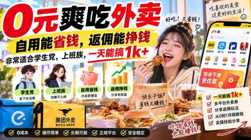 0元爽吃外卖,自用能省钱,返佣能挣钱,非常适合学生党,上班族,一天能搞1k+-好游戏网创