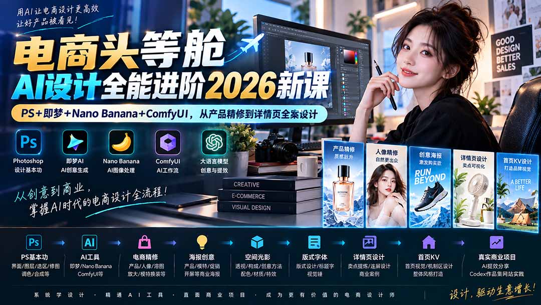 电商头等舱AI设计全能进阶2026新课：PS+即梦+Nano Banana+ComfyUI，从产品精修到详情页全案设计-好游戏网创