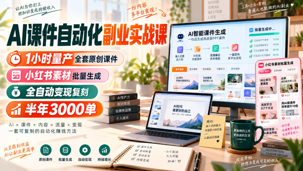 AI课件自动化副业实战课，1小时量产全套原创课件，小红书素材批量生成，全自动变现复刻，半年3000单-好游戏网创