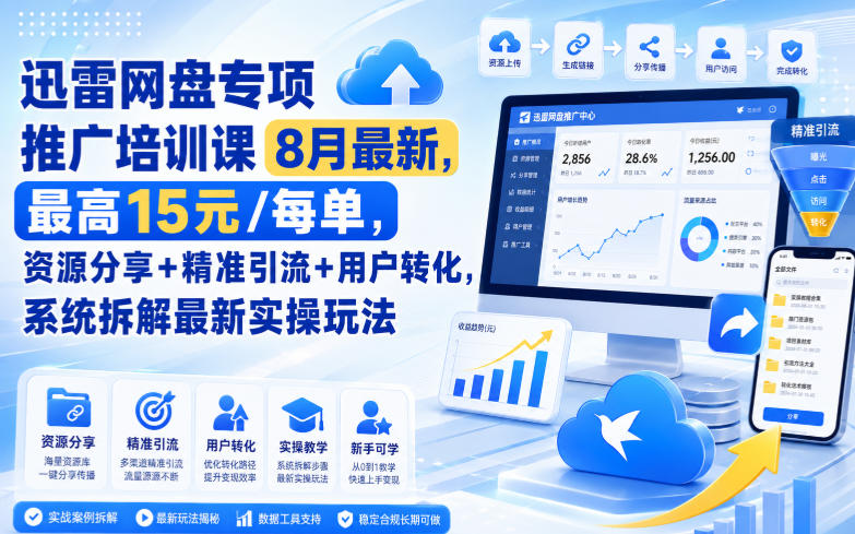 迅雷网盘专项推广培训课9月最新,最高15米/每单,资源分享+精准引流+用户转化,系统拆解最新实操玩法(更新0909)