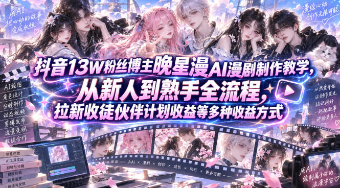 抖音13W粉丝博主晚星漫AI漫剧制作教学，从新人到熟手全流程，拉新收徒伙伴计划收益等多种收益方式，单日1K+-好游戏网创分享平台