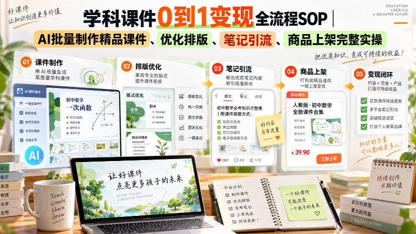 学科课件0到1变现全流程SOP|AI批量制作精品课件、优化排版、笔记引流、商品上架完整实操-好游戏网创