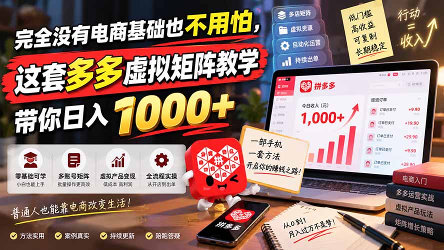 完全没有电商基础也不用怕,这套多多虚拟矩阵教学带你日入 1000+-好游戏网创