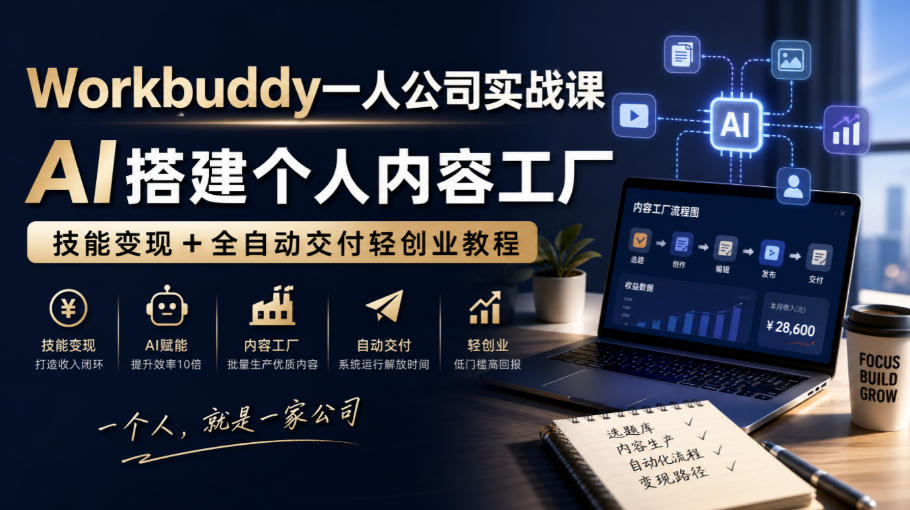 Workbuddy一人公司实战课，AI搭建个人内容工厂，技能变现+全自动交付轻创业教程​-好游戏网创