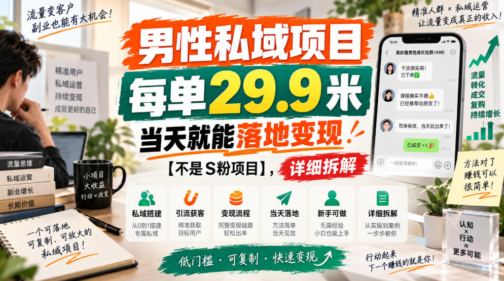 男性私域项目，每单29.9米，当天就能落地变现【不是S粉项目】，详细拆解-好游戏网创