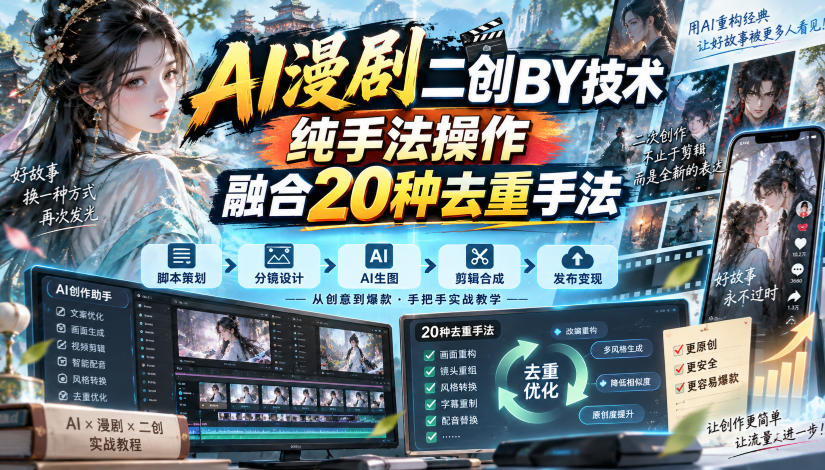 AI漫剧二创搬运技术,纯手法操作,融合20种去重手法-好游戏网创