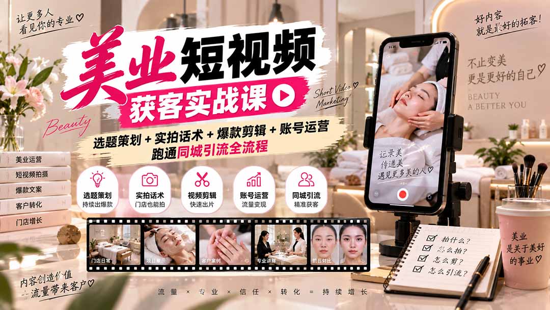 美业短视频获客实战课-无水印:选题策划+实拍话术+爆款剪辑+账号运营,跑通同城引流全流程-好游戏网创