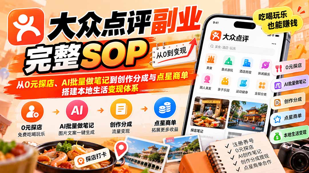 【无水印】大众点评副业完整SOP：从0元探店、AI批量做笔记到创作分成与点星商单，搭建本地生活变现体系-好游戏网创
