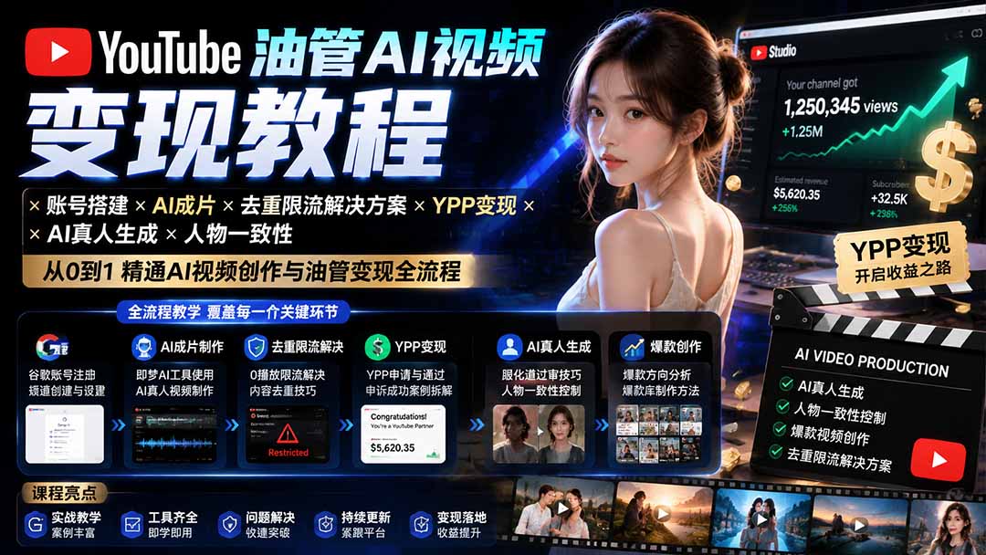 YouTube油管AI视频变现教程-更新0926:账号搭建×AI成片×去重限流解决方案×YPP变现×AI真人生成×人物一致性-好游戏网创