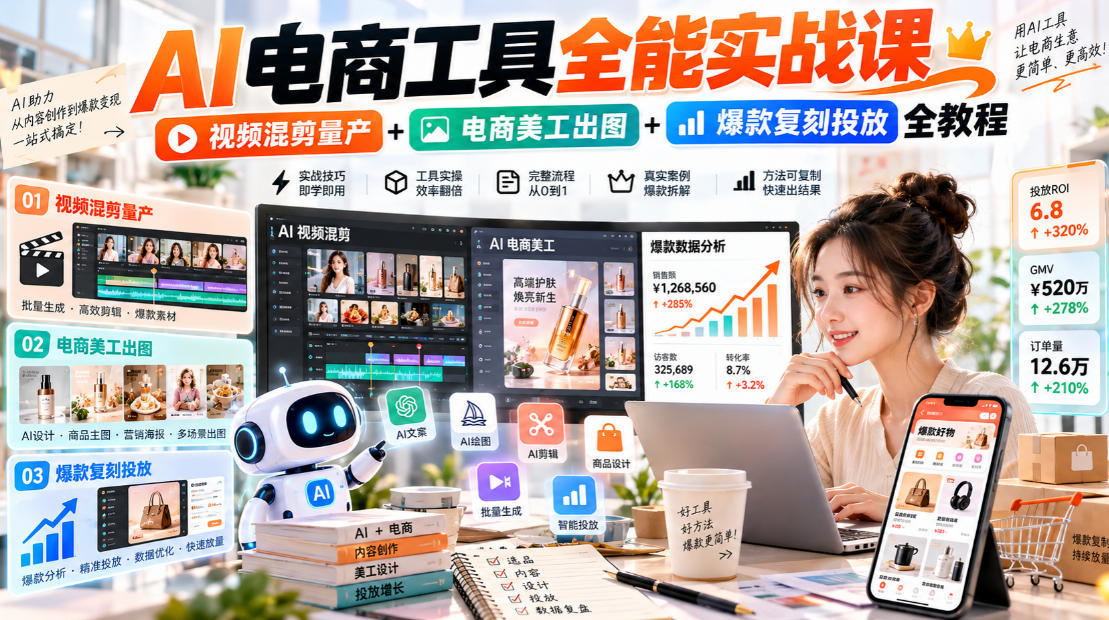 AI电商工具全能实战教学，视频混剪量产+电商美工出图+爆款复刻投放全教程​-好游戏网创分享平台