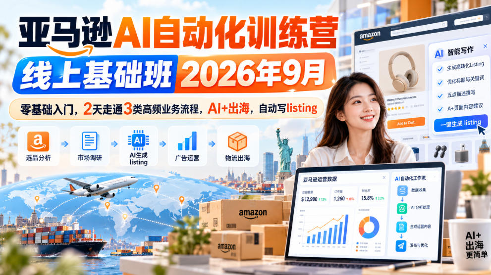 亚马逊AI自动化训练营线上基础班2026年9月，零基础入门，2天走通3类高频业务流程，AI+出海，自动写listing-好游戏网创