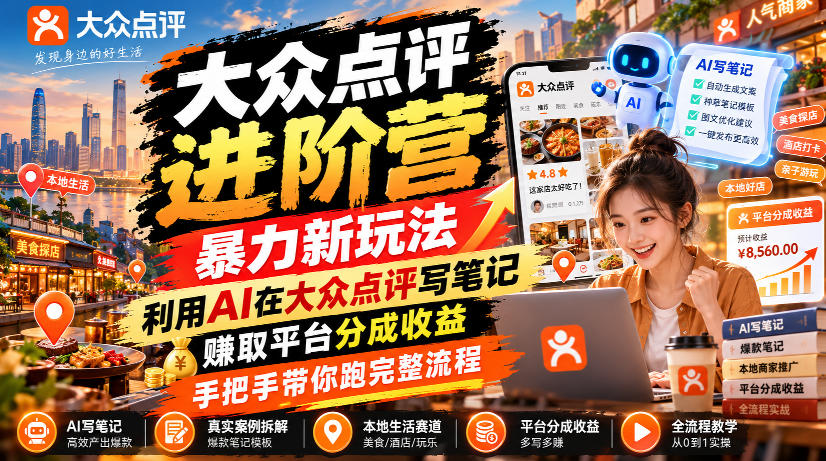 大众点评进阶营，暴力新玩法，利用AI在大众点评写笔记， 賺取平台分成收益，手把手带你跑完整流程-好游戏网创