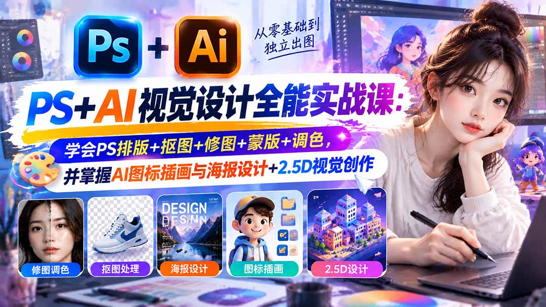【无水印】PS+AI视觉设计全能实战课：学会PS排版+抠图+修图+蒙版+调色，并掌握AI图标插画与海报设计+2.5D视觉创作-好游戏网创