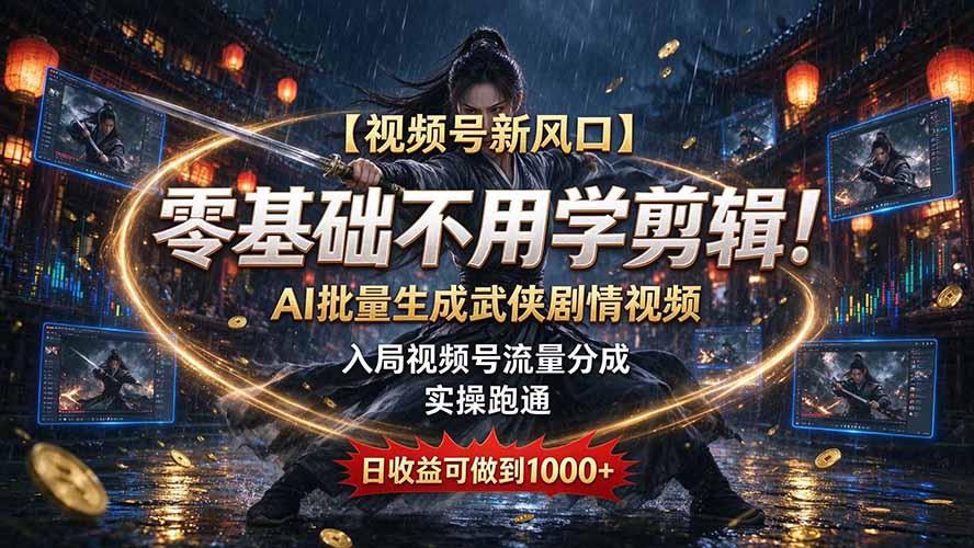 【视频号新风口】零基础不用学剪辑！AI 批量生成武侠剧情视频，入局视频号流量分成，实操跑通，日收益可做到 1000+-好游戏网创