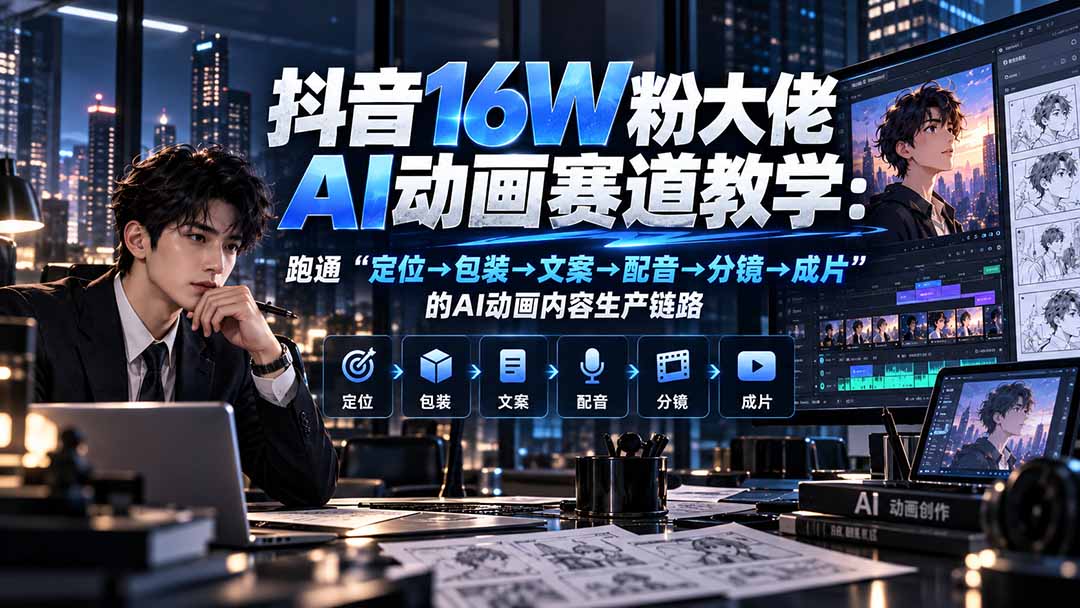 抖音16W粉大佬规则门禁AI动画赛道教学：跑通“定位→包装→文案→配音→分镜→成片”的AI动画内容生产链路-好游戏网创