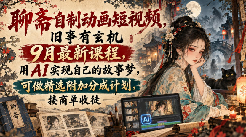 聊斋自制动画短视频，旧事有玄机9月最新课程，用AI实现自己的故事梦，可做精选附加分成计划，接商单收徒-好游戏网创