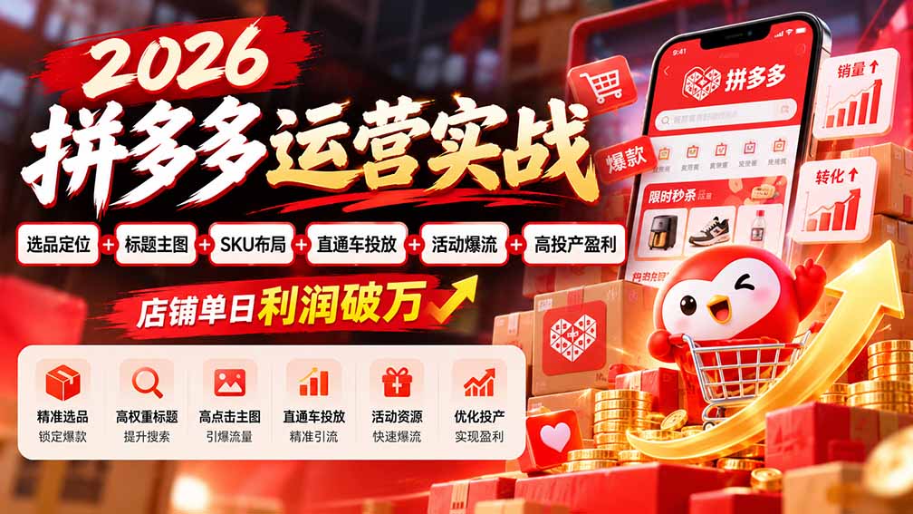 2026拼多多运营实战-更新1002：选品定位+标题主图+SKU布局+直通车投放+活动爆流+高投产盈利 店铺单日利润破万-好游戏网创