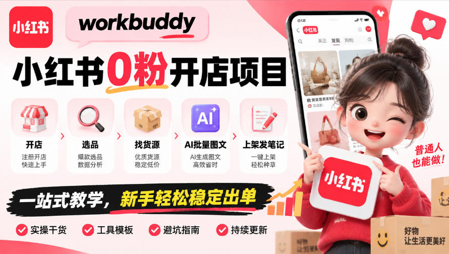 workbuddy小红书0粉开店项目,开店、选品、找货源、AI批量图文、上架发笔记一站式教学,新手轻松稳定出单-好游戏网创