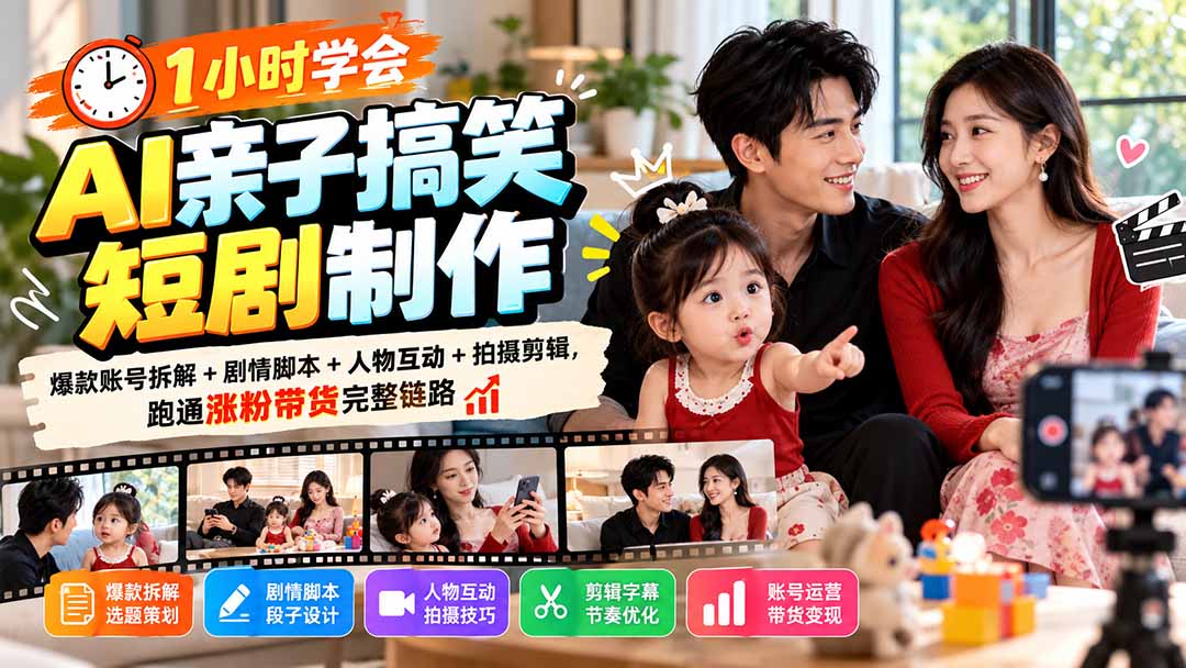 1小时学会AI亲子搞笑短剧制作:爆款账号拆解+剧情脚本+人物互动+拍摄剪辑,跑通涨粉带货完整链路-好游戏网创分享平台