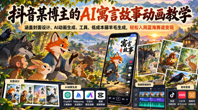 抖音某博主的AI寓言故事动画教学,涵盖封面设计、AI动画生成、工具、低成本薅羊毛生成,轻松入局蓝海赛道变现-好游戏网创