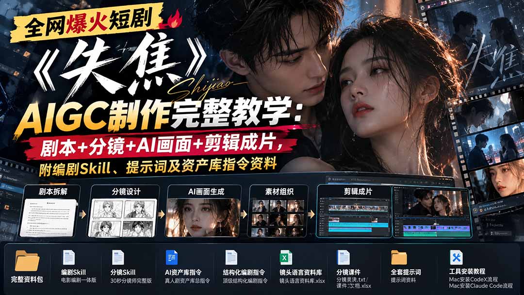 全网爆火短剧《失焦》AIGC制作完整教学:剧本+分镜+AI画面+剪辑成片,附编剧Skill、提示词及资产库指令资料-好游戏网创
