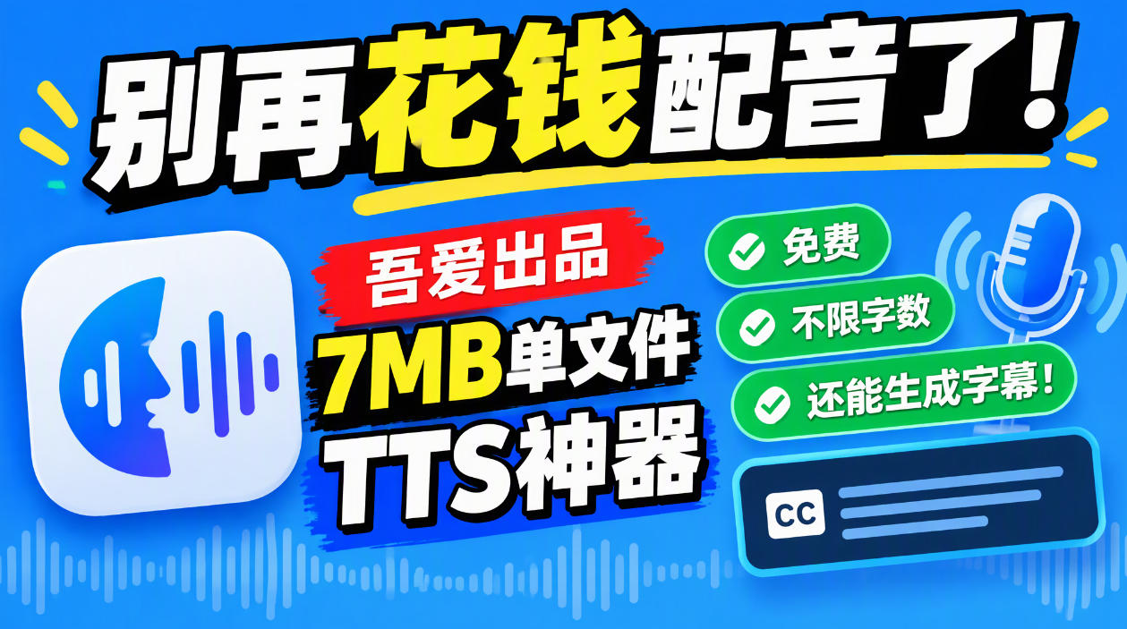 别再花钱配音了！吾爱出品7MB单文件TTS神器，免费不限字数还能生成字幕！-好游戏网创