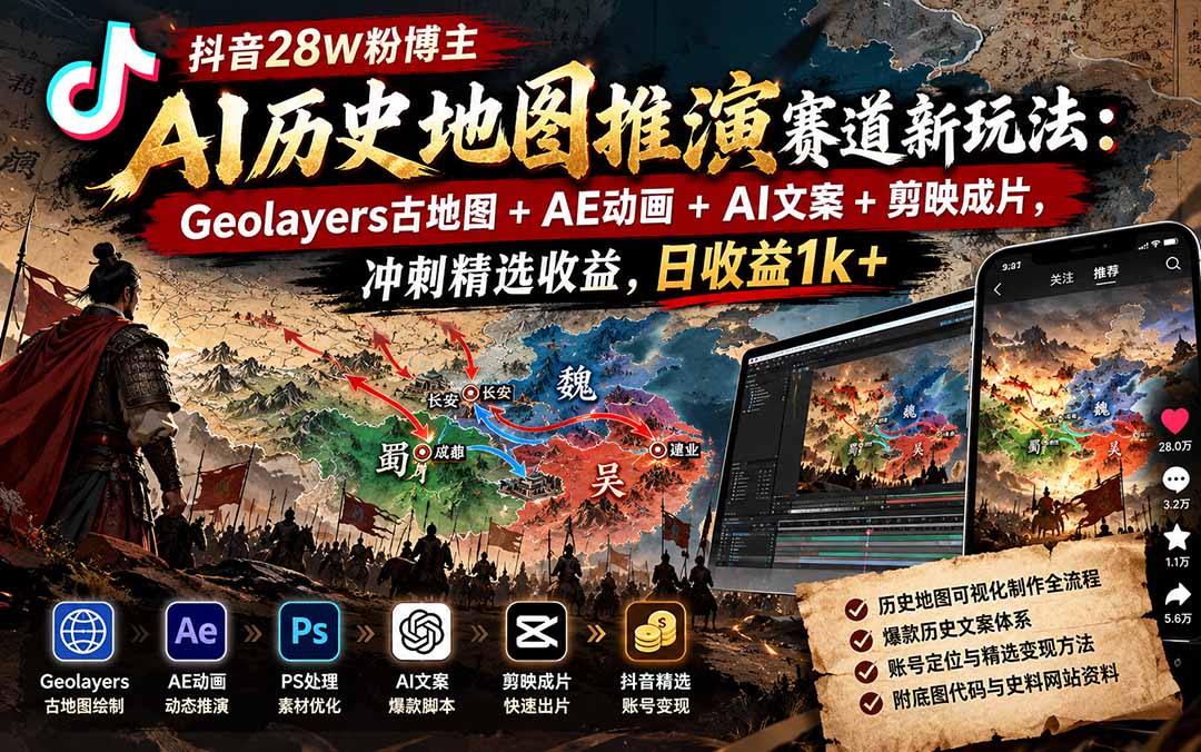 抖音28W粉博主AI历史地图推演赛道新玩法:Geolayers古地图+AE动画+AI文案+剪映成片,冲刺精选收益,日收益1k+-好游戏网创分享平台