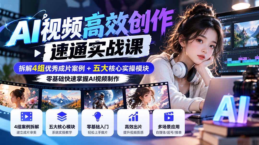 【无水印】AI视频高效创作速通实战课：拆解4组优秀成片案例+五大核心实操模块，零基础快速掌握AI视频制作-好游戏网创分享平台