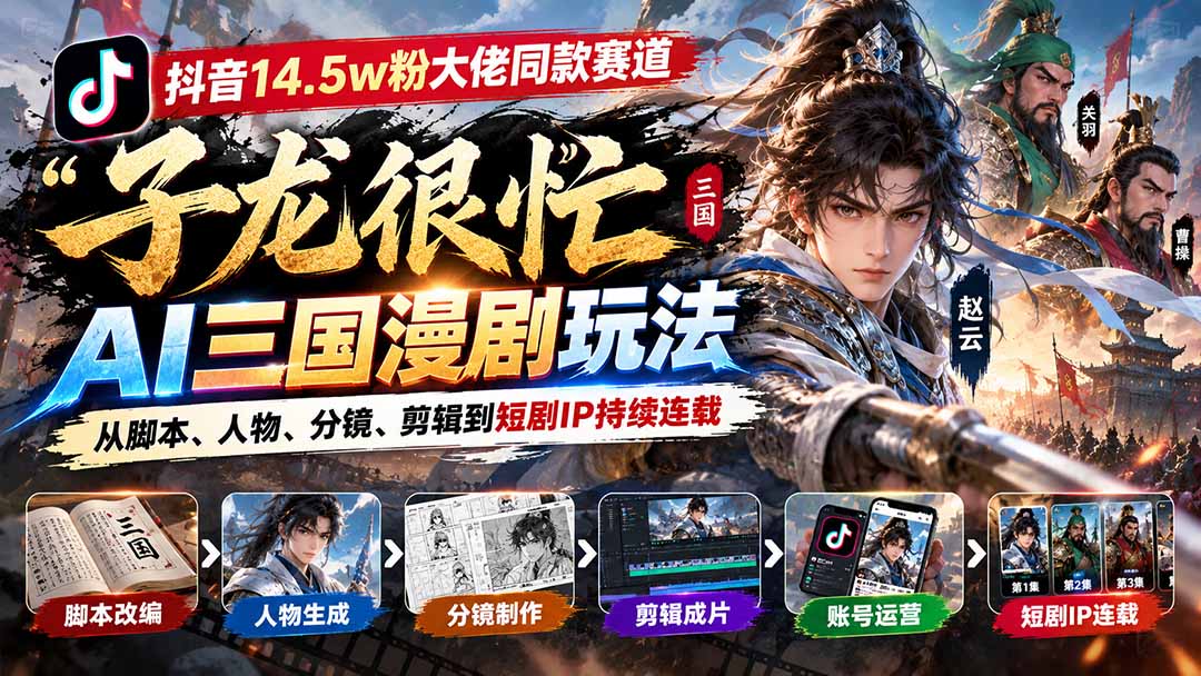 抖音14.5w粉大佬同款赛道「子龙很忙」AI三国漫剧玩法：从脚本、人物、分镜、剪辑到短剧IP持续连载-好游戏网创分享平台