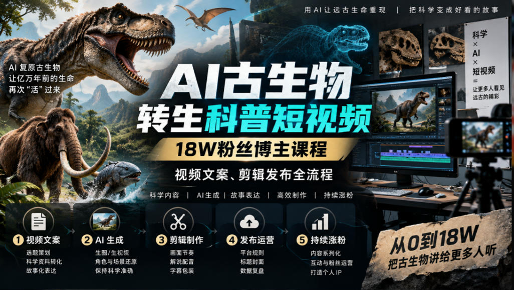 AI古生物转生科普短视频,18W粉丝博主课程,视频文案、剪辑发布全流程-好游戏网创分享平台