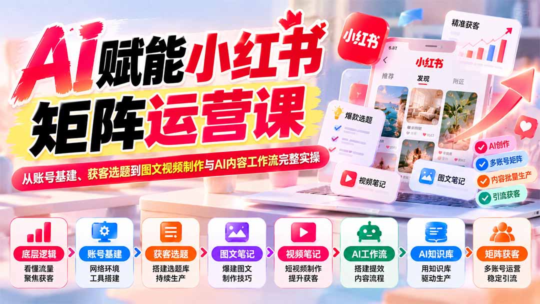 AI赋能小红书矩阵运营课：从账号基建、获客选题到图文视频制作与AI内容工作流完整实操-好游戏网创分享平台