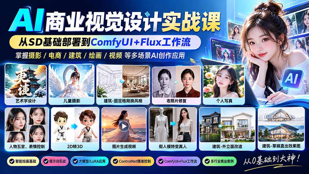 【无水印】AI商业视觉设计实战课：从SD基础部署到ComfyUI+Flux工作流，掌握摄影电商建筑AI创作-好游戏网创分享平台