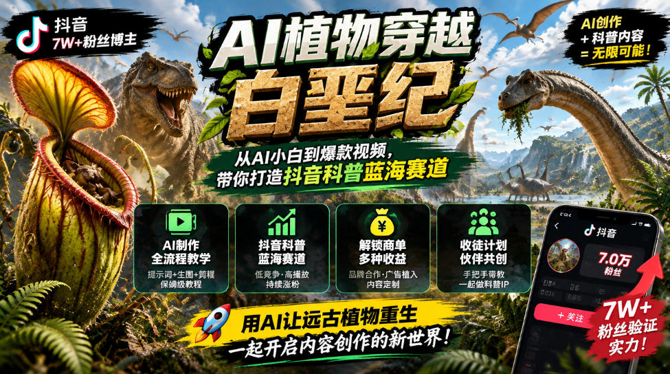 抖音7W粉丝博主的AI植物穿越白垩纪教学，抖音科普蓝海赛道，解锁商单收徒伙伴计划等多种收益-好游戏网创分享平台