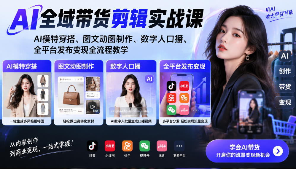 AI全域带货剪辑实战课｜AI模特穿搭、图文动图制作、数字人口播、全平台发布变现全流程教学-好游戏网创分享平台