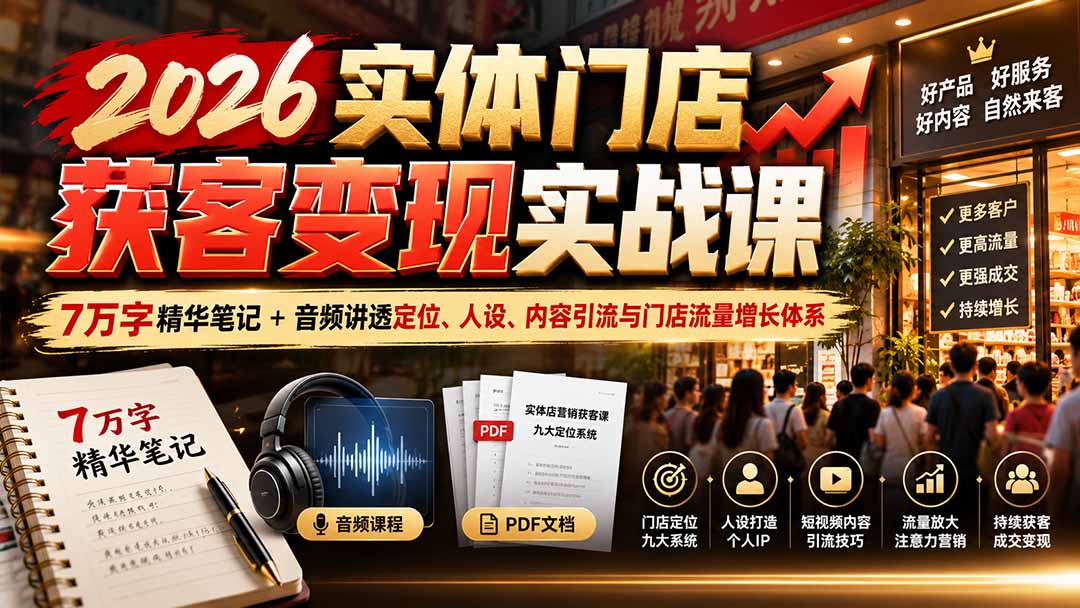 2026实体门店获客变现实战课:7万字精华笔记+音频讲透定位、人设、内容引流与门店流量增长体系-好游戏网创分享平台
