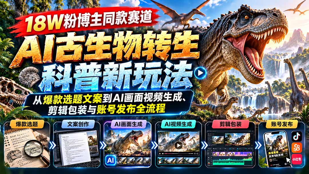18W粉博主同款赛道-AI古生物转生科普新玩法：从爆款选题文案到AI画面视频生成、剪辑包装与账号发布全流程-好游戏网创分享平台