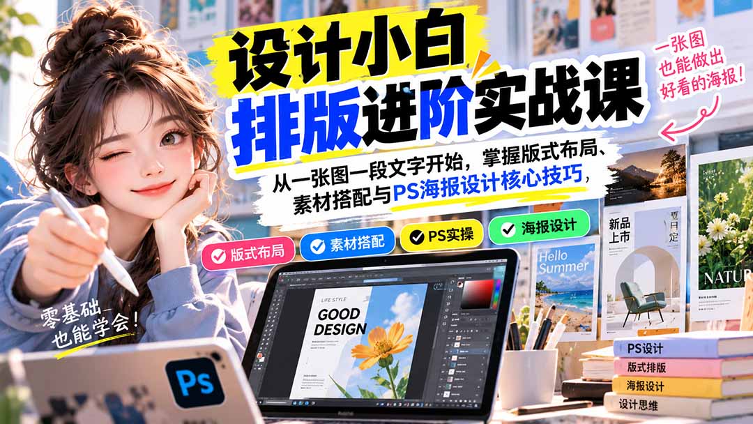 设计小白排版进阶实战课:从一张图一段文字开始,掌握版式布局、素材搭配与PS海报设计核心技巧-好游戏网创分享平台
