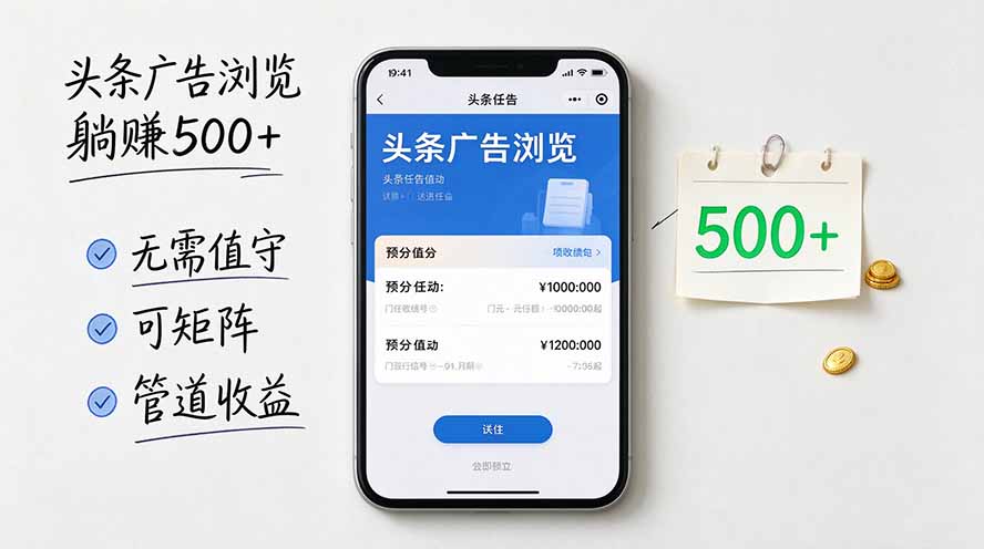 头条广告浏览躺赚500+无需值守,可矩阵并附有管道收益-好游戏网创分享平台